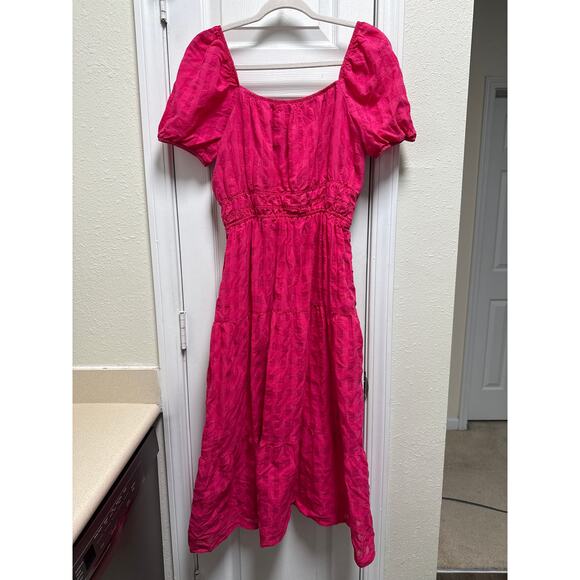 Anthropologie Hot Pink Francesca Cotton Tiered Gingham Midi Dress Size Medium - Picture 4 of 8